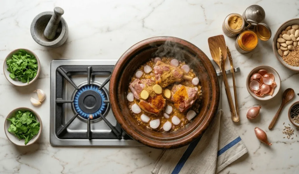 The Ultimate Moroccan Lamb Tagine with Prunes 4 Moroccan Lamb Tagine simmering on low heat