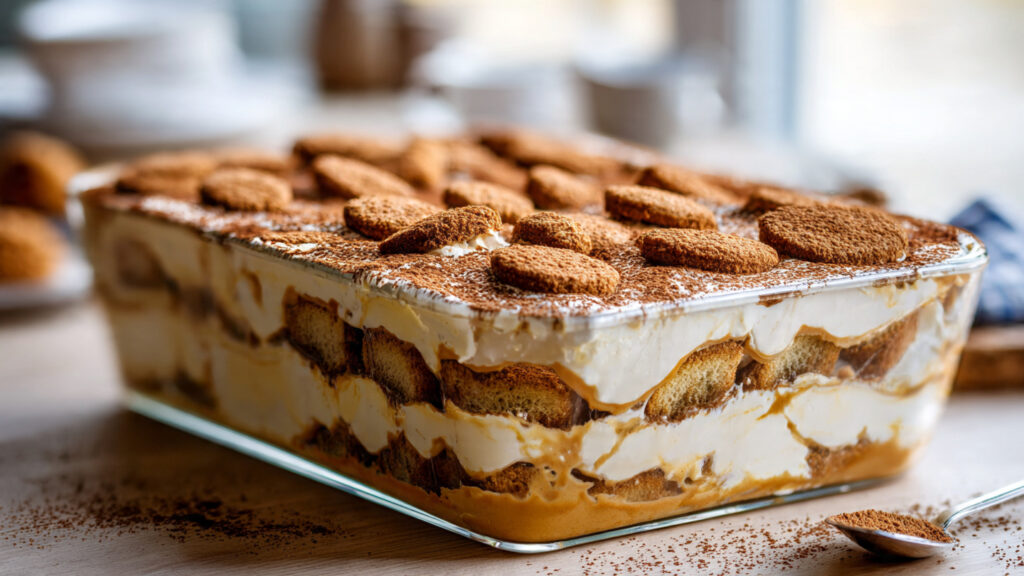 Quick & Creamy Speculoos Cinnamon Tiramisu 5 Speculoos Cinnamon Tiramisu in a glass dish topped with Speculoos cookies and cocoa powder