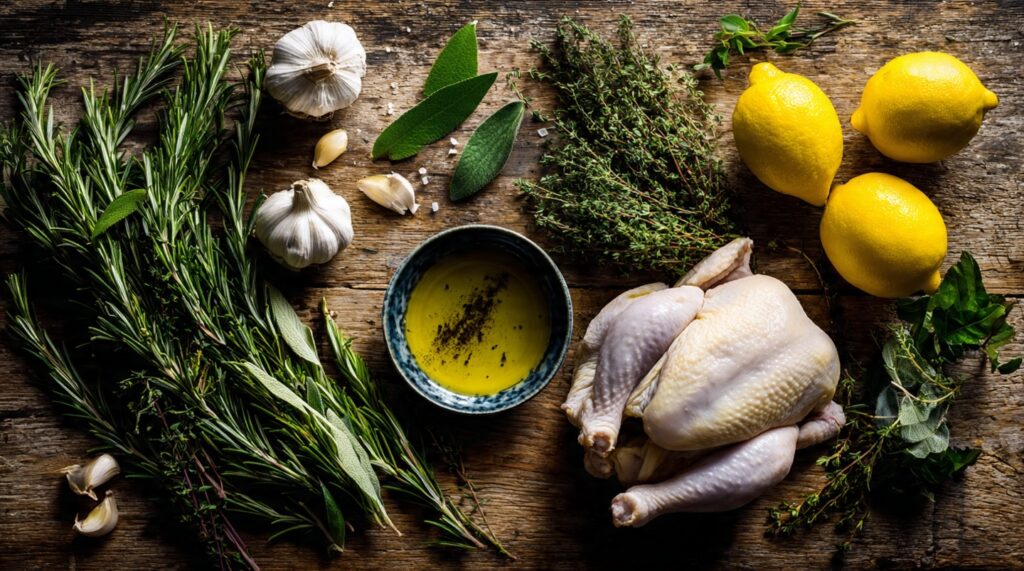 Airfryer Roasted Chicken with Herb-Seasoned Potatoes 3 Raw whole chicken with fresh rosemary, garlic, lemons and olive oil ingredients for Airfryer Roasted Chicken