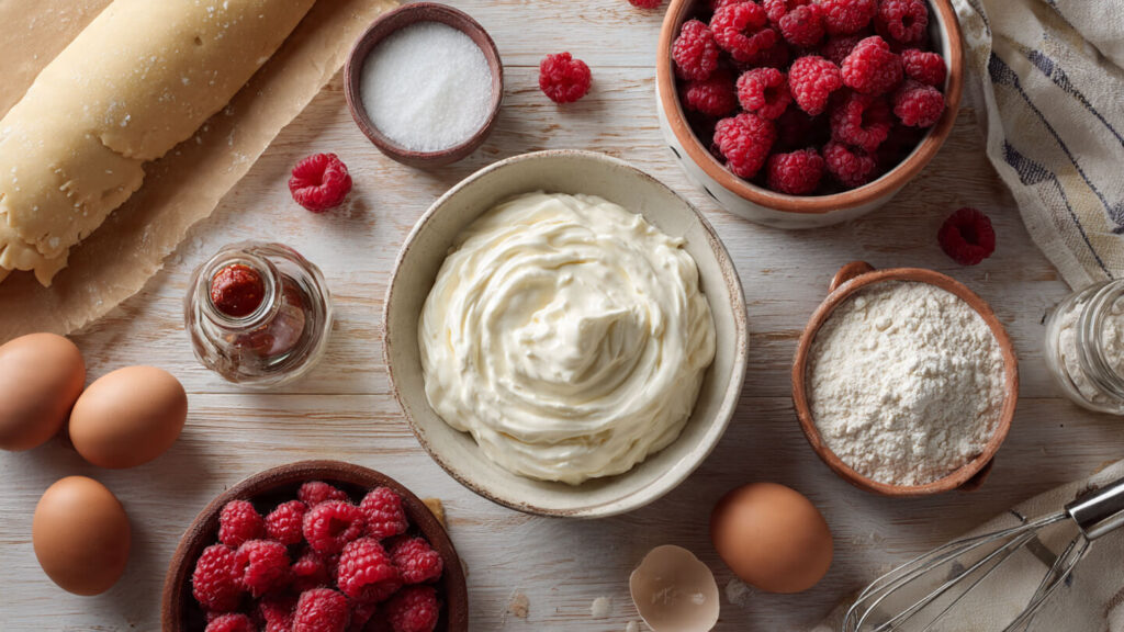 45-Min Cake Factory Raspberry & Fromage Blanc Tart 3 Cake Factory tart ingredients laid out on a wooden table: fromage blanc, fresh raspberries, eggs, flour, sugar and vanilla
