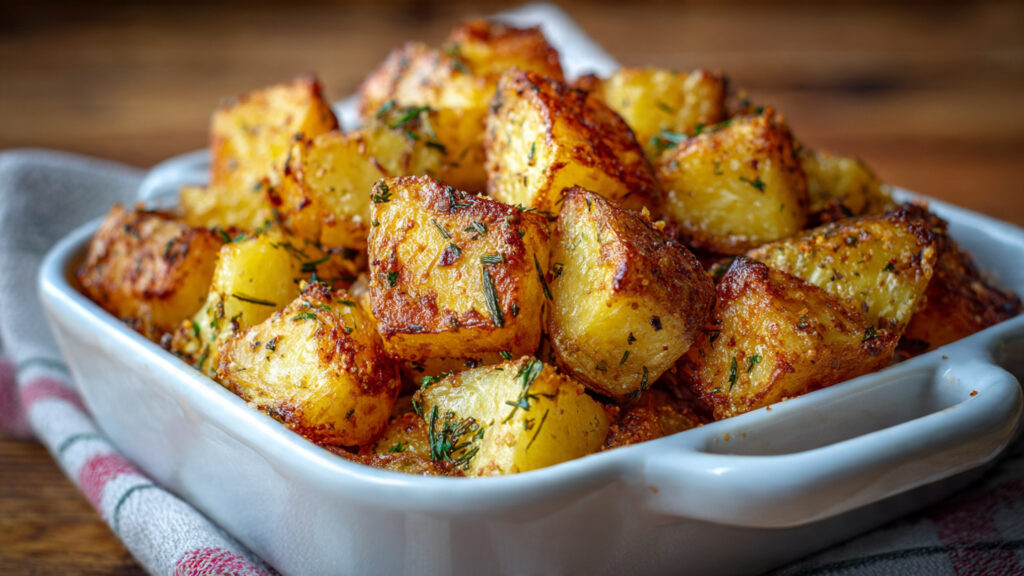 Airfryer Roasted Chicken with Herb-Seasoned Potatoes 5 Golden herb-seasoned roasted potato cubes in a white baking dish for Airfryer Roasted Chicken