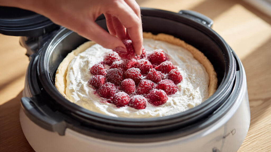 45-Min Cake Factory Raspberry & Fromage Blanc Tart 5 Hand placing fresh raspberries on top of the fromage blanc tart filling in the Cake Factory mould