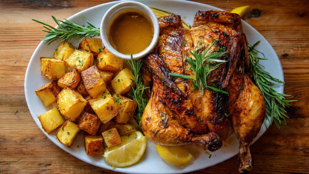 Airfryer Roasted Chicken with Herb-Seasoned Potatoes 6 Airfryer Roasted Chicken with Herb-Seasoned Potatoes on a platter with roasted potatoes, lemon and rosemary