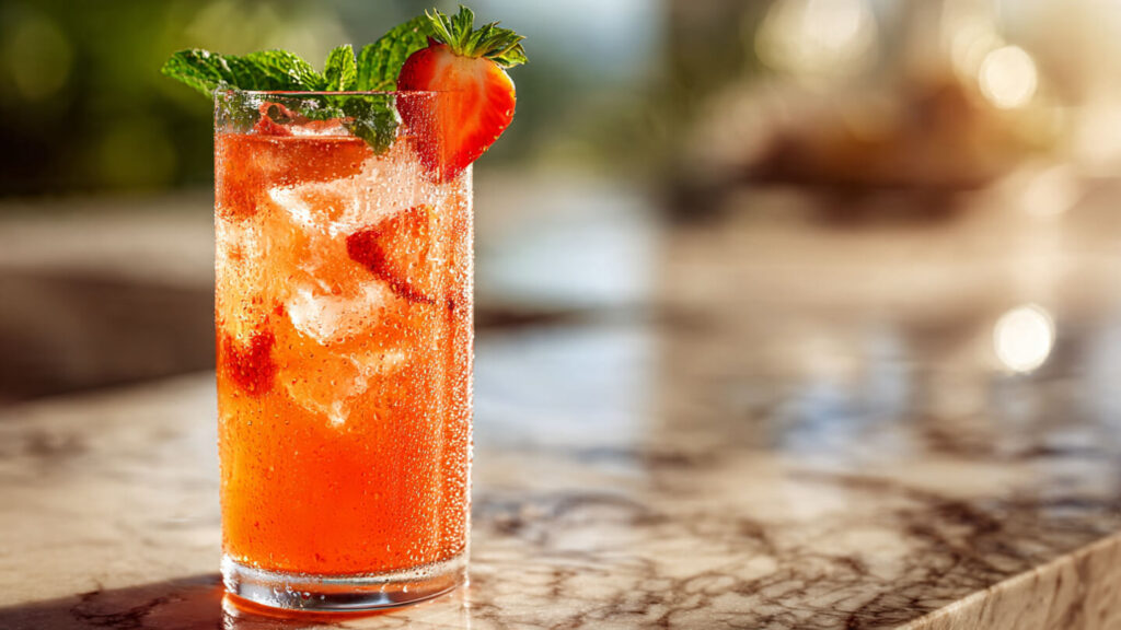 Strawberry Citrus Sunrise Juice in a tall glass with mint and strawberry garnish