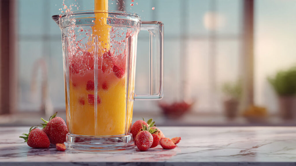 Strawberries blending with citrus juice in a blender for Strawberry Citrus Sunrise Juice
