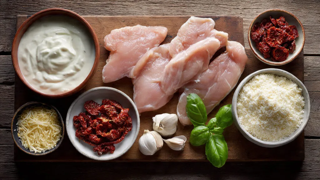 Marry Me Chicken ingredients laid out: raw chicken breasts, heavy cream, sun-dried tomatoes, grated Parmesan, garlic and basil