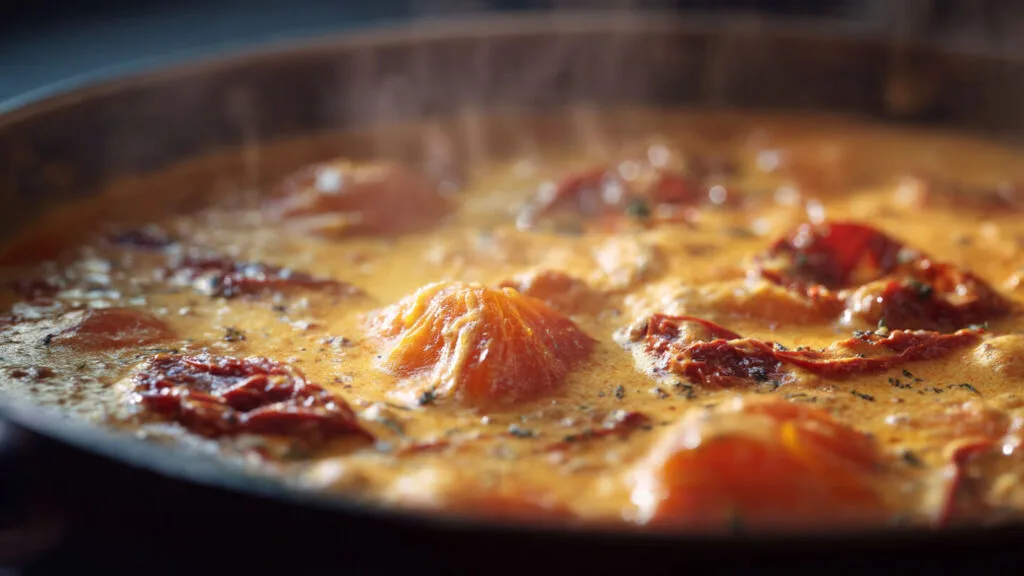 Marry Me Chicken simmering in a creamy Parmesan sauce with sun-dried tomatoes in a pan
