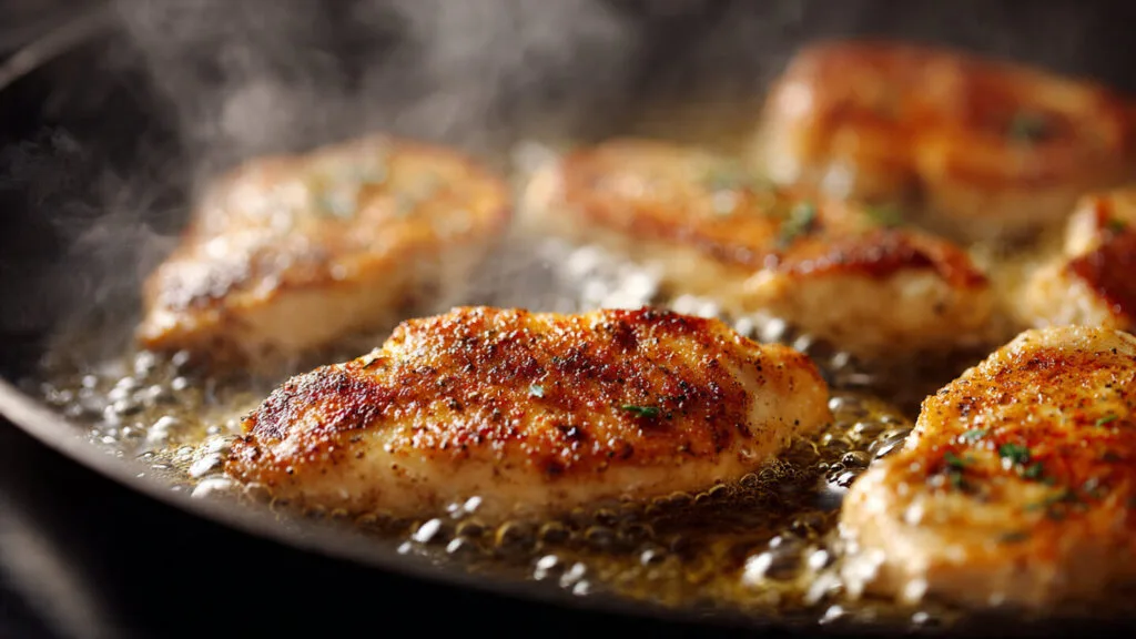 Golden-brown seared Marry Me Chicken breasts cooking in a pan