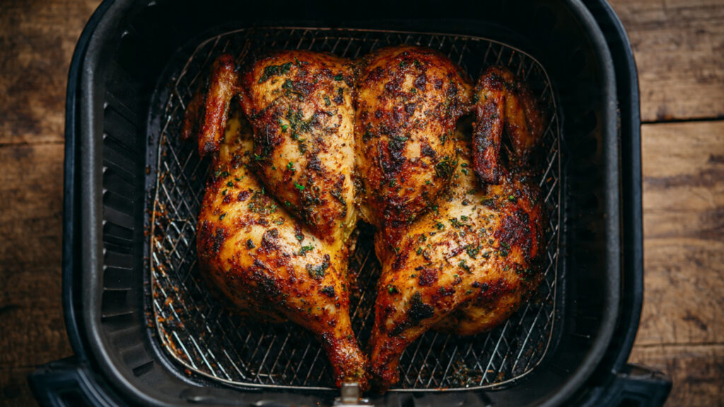 Airfryer Roasted Chicken with Herb-Seasoned Potatoes 4 Whole spatchcock chicken in an airfryer basket before roasting for Airfryer Roasted Chicken