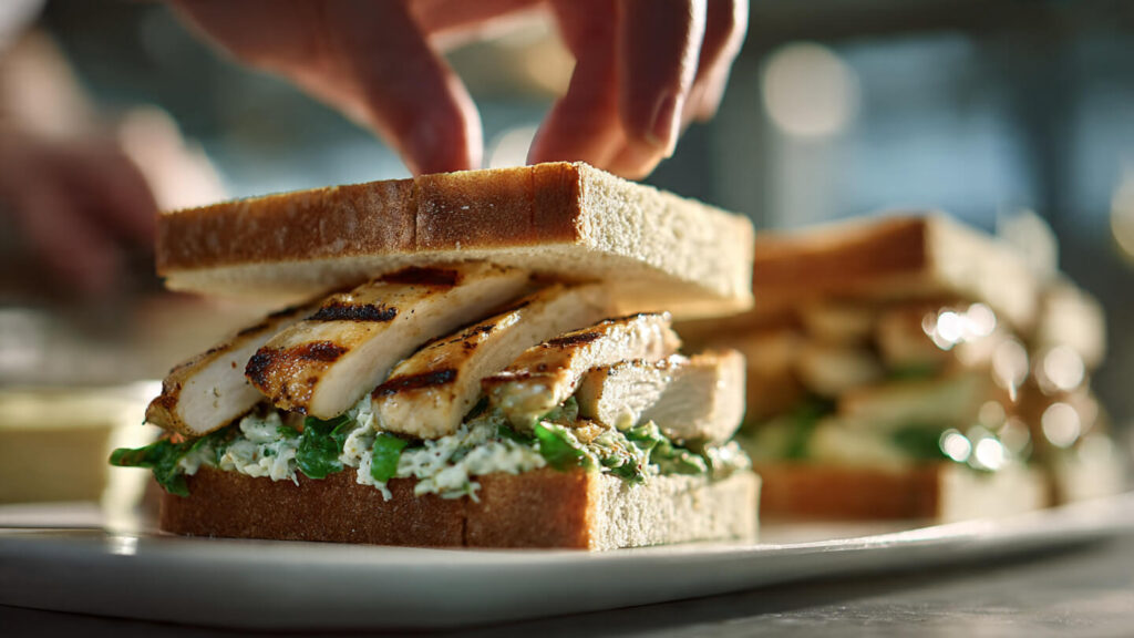 Best Chicken Artichoke & Mimolette Sandwich Recipe 4 Grilled chicken slices being layered onto a Chicken Artichoke Sandwich