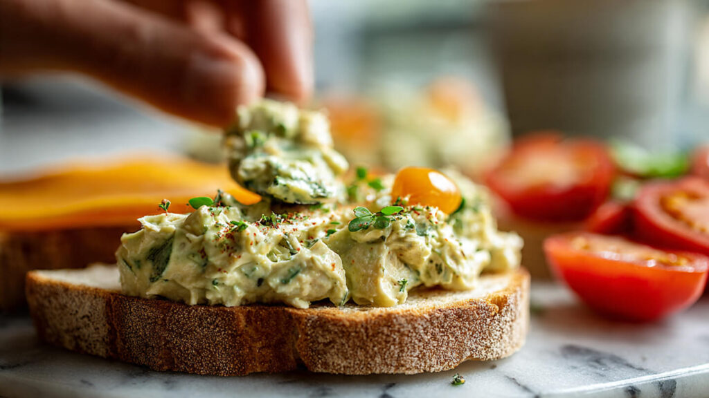 Best Chicken Artichoke & Mimolette Sandwich Recipe 3 Artichoke spread being spooned onto bread for a Chicken Artichoke Sandwich