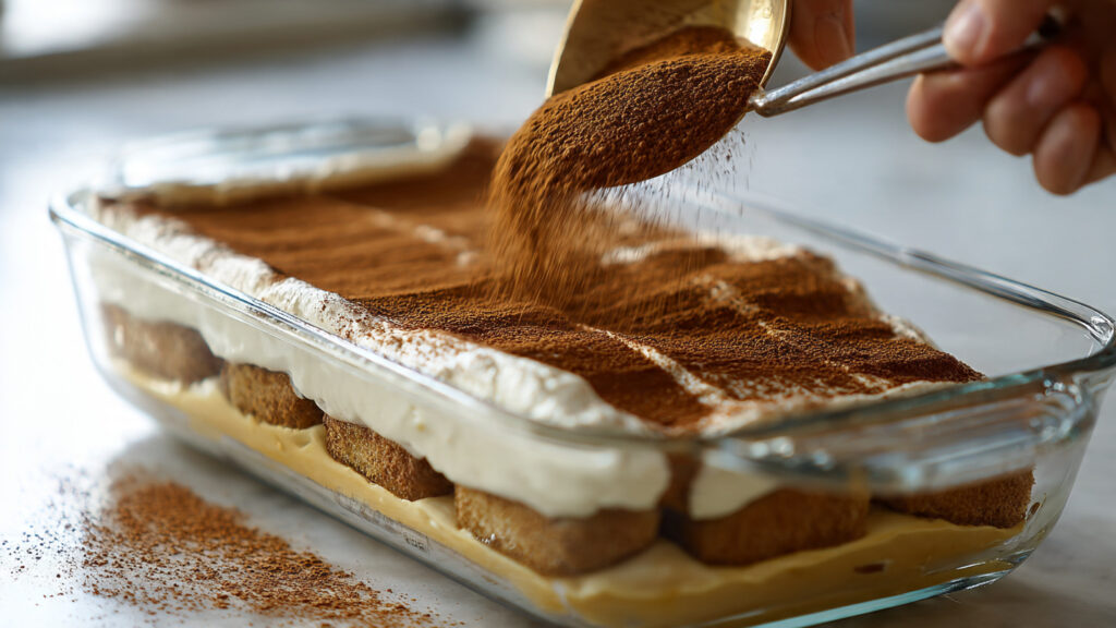 Quick & Creamy Speculoos Cinnamon Tiramisu 4 Cocoa powder being dusted over Speculoos Cinnamon Tiramisu layers in a glass dish
