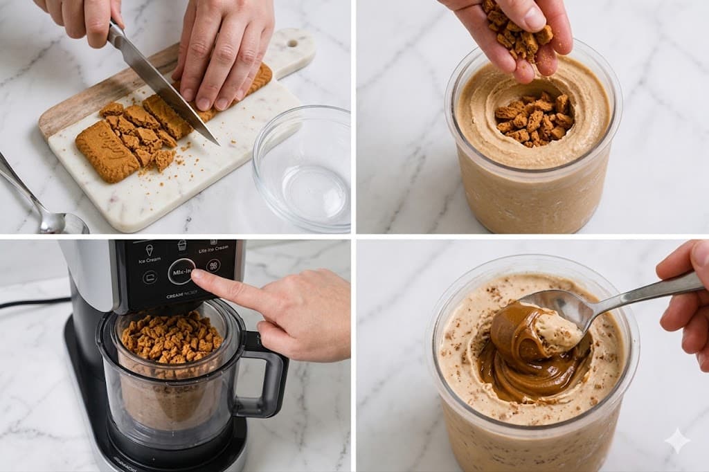 Speculoos ice cream mix-in steps: chopping biscuits, adding crushed biscuits, churning in Ninja Creami, and swirling cookie butter
