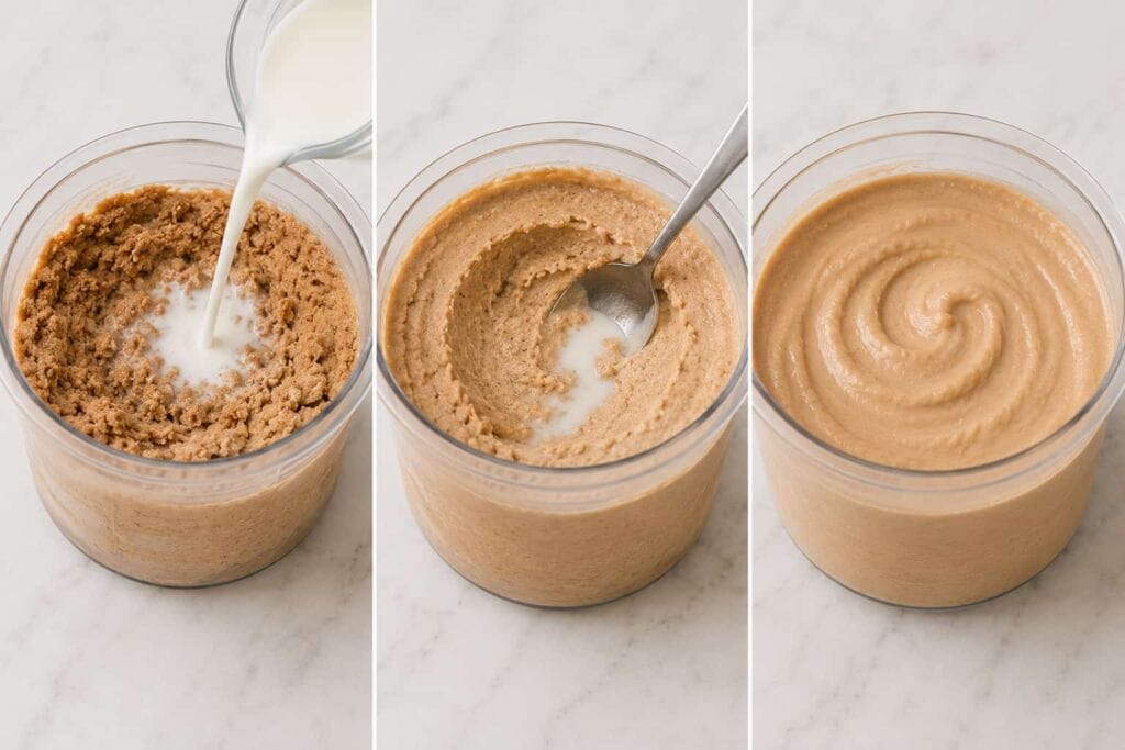 Speculoos ice cream re-spin: adding a splash of milk, mixing, and swirled finished Speculoos ice cream in a pint