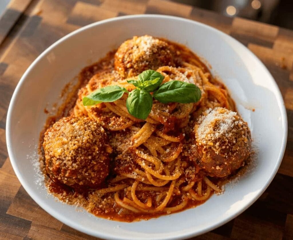 Spaghetti and meatballs in rich tomato sauce served in a white bowl, topped with fresh basil and grated cheese