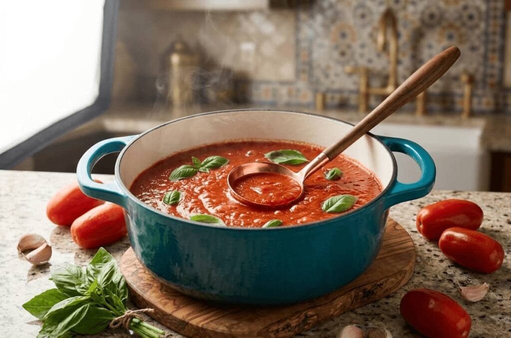 Rich tomato sauce simmering in a blue Dutch oven with a wooden spoon, surrounded by fresh tomatoes and basil