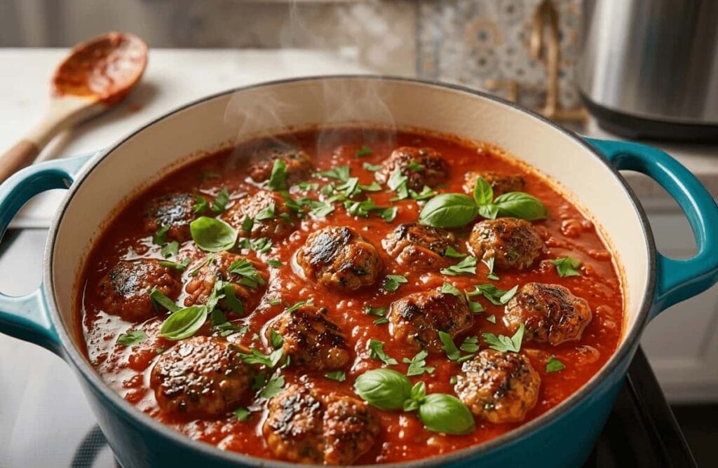 Meatballs braising in tomato sauce in a blue Dutch oven, garnished with fresh basil