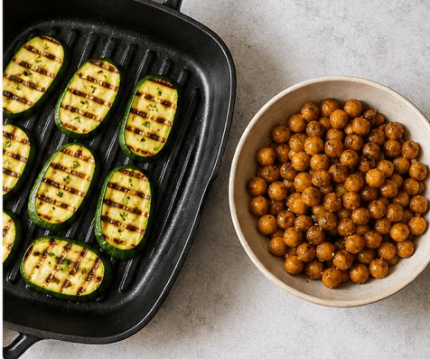 Grilling zucchini slices and crisping chickpeas for grilled zucchini salad