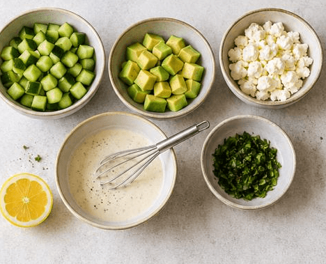 Fresh ingredients for grilled zucchini salad: cucumber, avocado, feta, and herbs