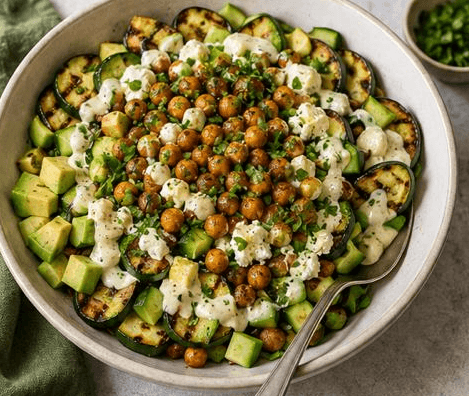 Crispy chickpea salad with grilled zucchini, feta and herbs served at Riad Kitchen