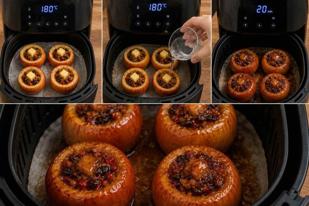 Air fryer roasted apples cooking: stuffed apples in the air fryer basket at 180 degrees, adding water, and finished caramelised apples