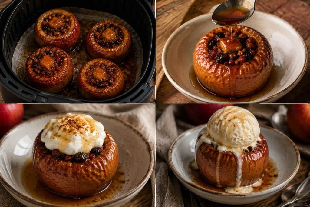 Air fryer roasted apples served: roasted apples in the basket, drizzled with caramel, and topped with ice cream